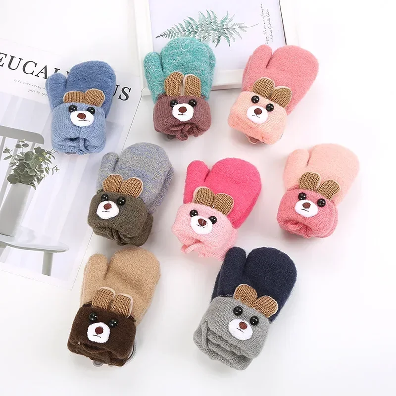 Baby Winter Mittens - Cute Bear Knitted Wool Gloves with Rope (0-3 Years)