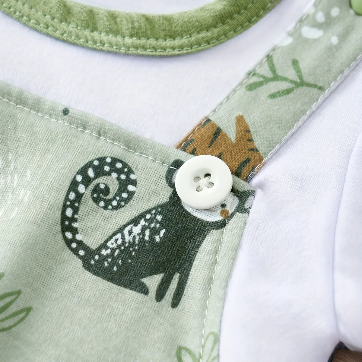 Adorable Infant Zoo Animal Print Romper for Boy Newborn Baby Faux Two-Piece Bodysuit with Short Sleeves Casual Play Wear