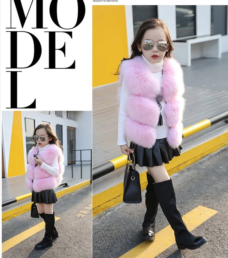 2017 Winter New Children Clothing Solid Baby Fur Vest Imitation Fox Fur Coat Elegant Warm Vest Parka for Girls TZ183