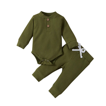 Newborn Infant Baby Boys Girls Winter Clothes Cotton Knitted Ribbed Sun Print Long Sleeve Bodysuits Casual Pants Toddler Outfits