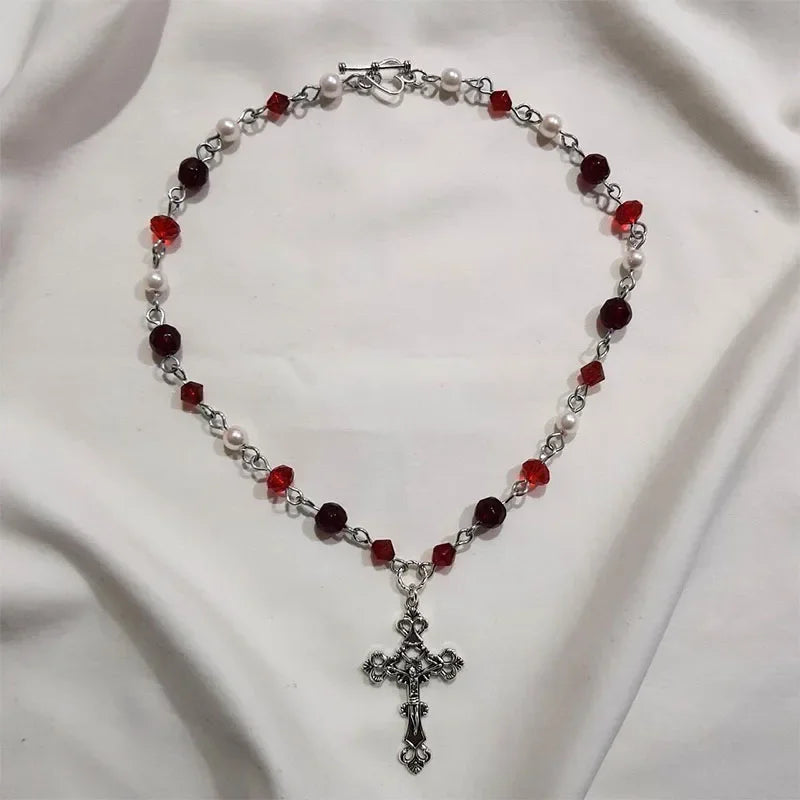 Stunning Red Cross Necklace Black Gothic Statement Rosary Style Grunge Necklaces Women 2021 Jewelrye Y2K