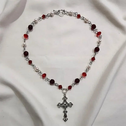 Stunning Red Cross Necklace Black Gothic Statement Rosary Style Grunge Necklaces Women 2021 Jewelrye Y2K