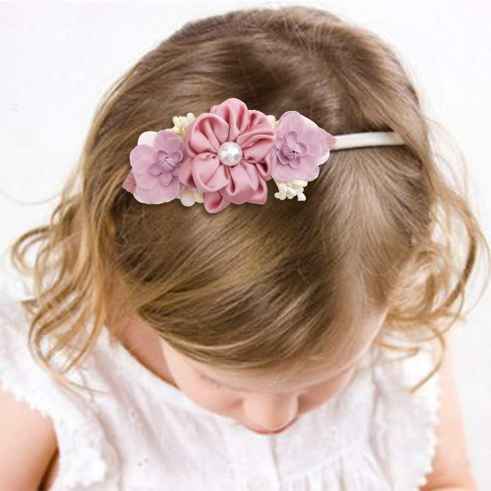 Baby Girl Floral Headbands- 3Pcs Nylon Headband Handmade Flower Crown Elastic Hairband Newborn Toddler Hair Accessories Gifts for Girls （1-6 Years Old）