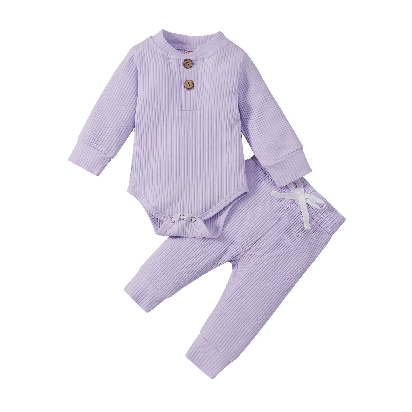 Newborn Infant Baby Boys Girls Winter Clothes Cotton Knitted Ribbed Sun Print Long Sleeve Bodysuits Casual Pants Toddler Outfits