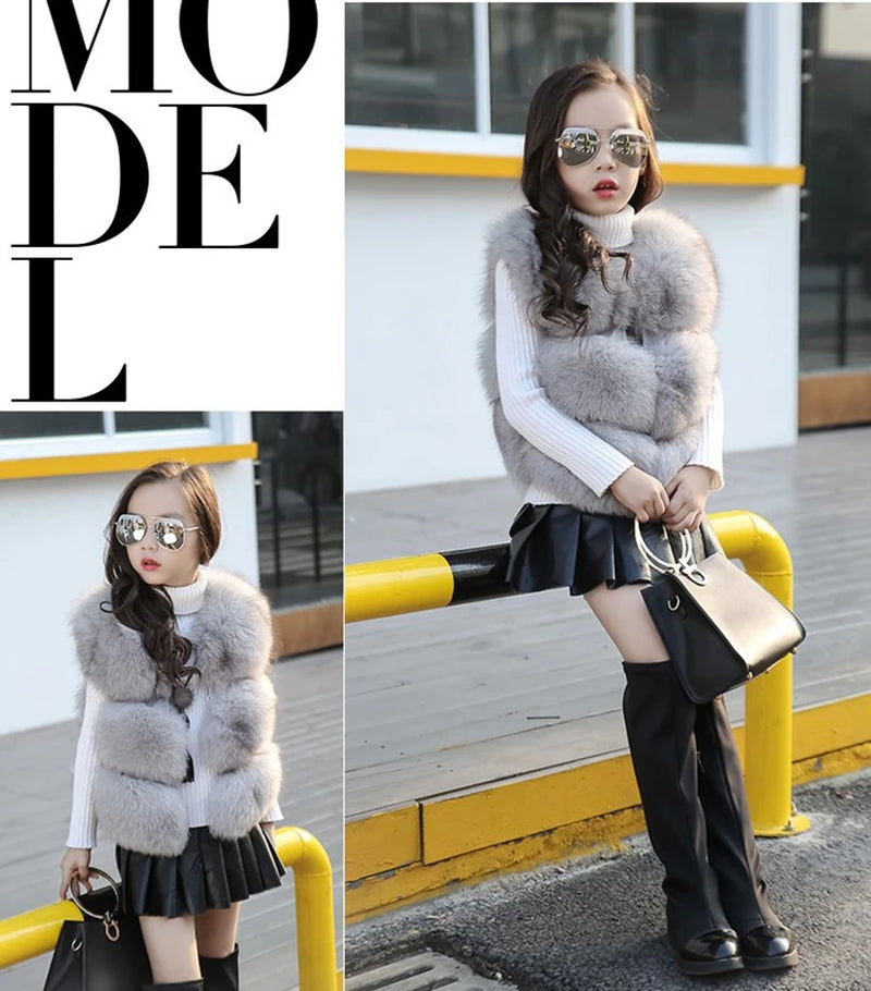 2017 Winter New Children Clothing Solid Baby Fur Vest Imitation Fox Fur Coat Elegant Warm Vest Parka for Girls TZ183