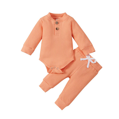 Newborn Infant Baby Boys Girls Winter Clothes Cotton Knitted Ribbed Sun Print Long Sleeve Bodysuits Casual Pants Toddler Outfits