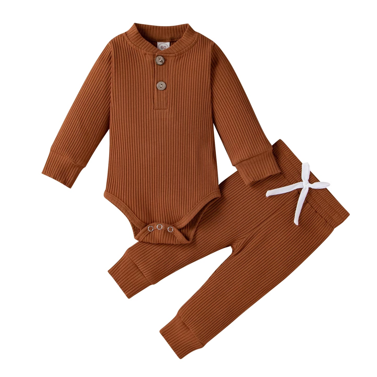 Newborn Infant Baby Boys Girls Winter Clothes Cotton Knitted Ribbed Sun Print Long Sleeve Bodysuits Casual Pants Toddler Outfits