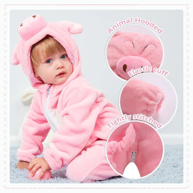 Carnaval Gifts Pink Pig Baby Rompers Autumn Winter Clothes Costume Flannel Hooded Bodysuit Pajamas Jumpsuit for Girls