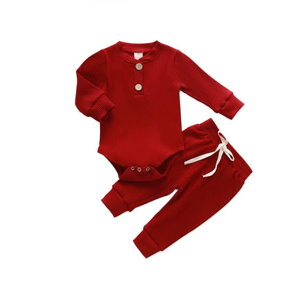 Newborn Infant Baby Boys Girls Winter Clothes Cotton Knitted Ribbed Sun Print Long Sleeve Bodysuits Casual Pants Toddler Outfits