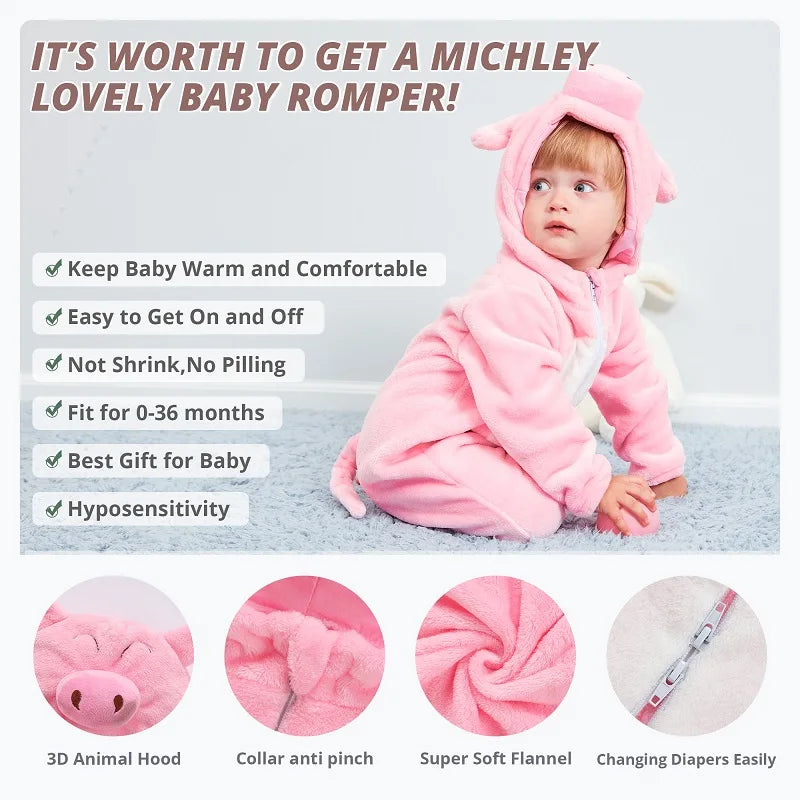 Carnaval Gifts Pink Pig Baby Rompers Autumn Winter Clothes Costume Flannel Hooded Bodysuit Pajamas Jumpsuit for Girls