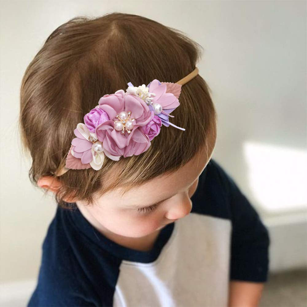 Baby Girl Floral Headbands- 3Pcs Nylon Headband Handmade Flower Crown Elastic Hairband Newborn Toddler Hair Accessories Gifts for Girls （1-6 Years Old）