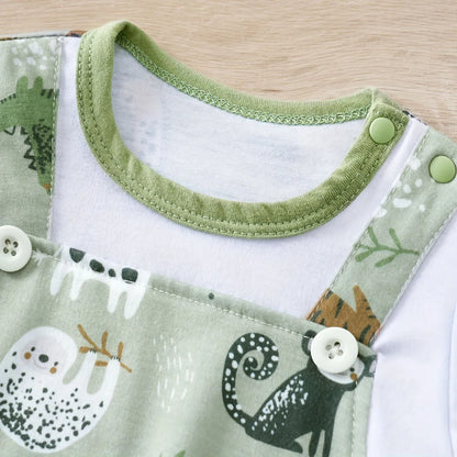 Adorable Infant Zoo Animal Print Romper for Boy Newborn Baby Faux Two-Piece Bodysuit with Short Sleeves Casual Play Wear
