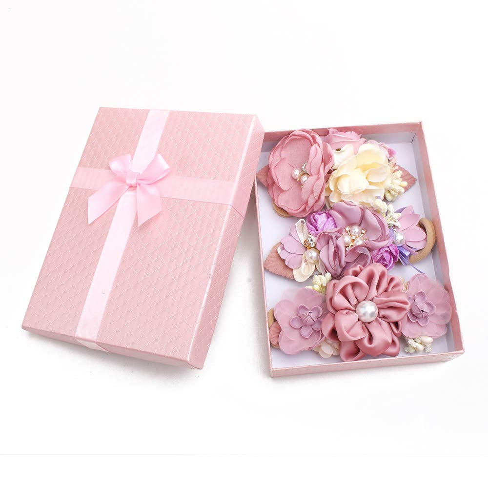 Baby Girl Floral Headbands- 3Pcs Nylon Headband Handmade Flower Crown Elastic Hairband Newborn Toddler Hair Accessories Gifts for Girls （1-6 Years Old）