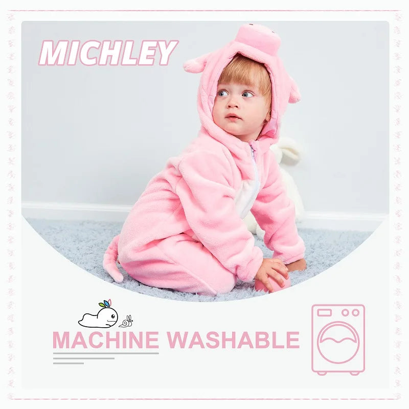 Carnaval Gifts Pink Pig Baby Rompers Autumn Winter Clothes Costume Flannel Hooded Bodysuit Pajamas Jumpsuit for Girls