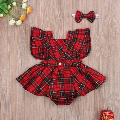 Xmas 0-24M Baby Girls Boys Rompers+Headband Plaid Print Ruffles Short Sleeve Backless Jumpsuits
