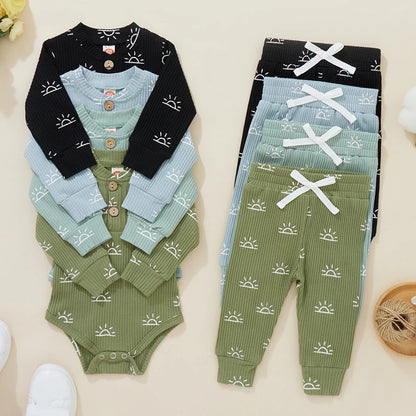 Newborn Infant Baby Boys Girls Winter Clothes Cotton Knitted Ribbed Sun Print Long Sleeve Bodysuits Casual Pants Toddler Outfits